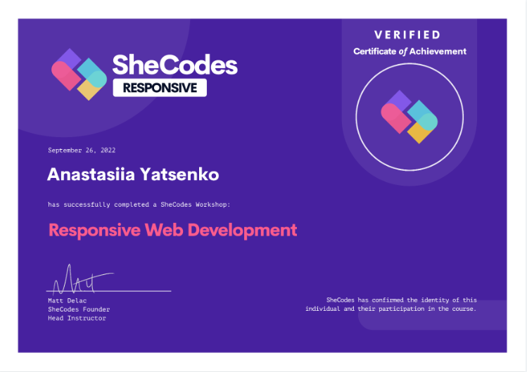 SheCodes Responsive Certificate